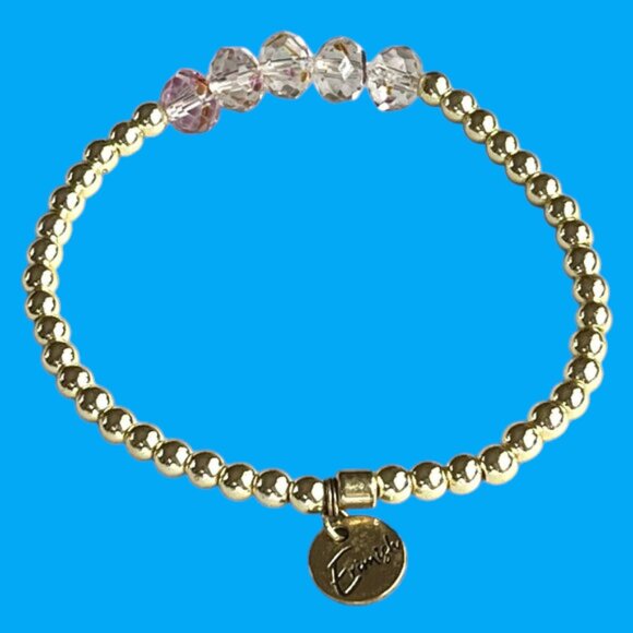 Erimish Gold Beads with Faceted Soft Pink Crystals Logo Tag Stackable Stretch - Picture 1 of 2